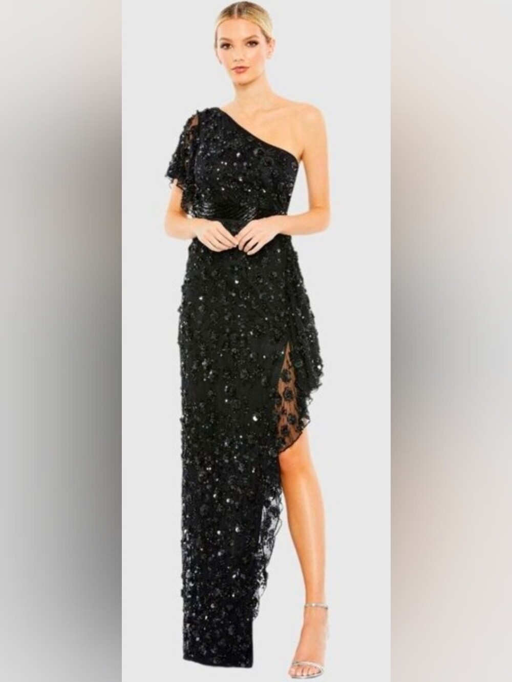 Mac Duggal NWT One Shoulder Black Sequin Asymmetrical Maxi Dress Size 6 #93687